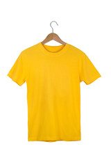 Wall Mural - Yellow Blank Cotton Tshirt with wooden hanger isolated on white with clipping path
