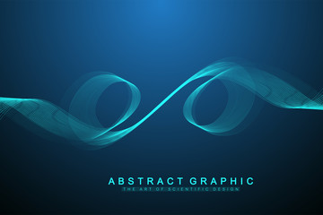 Poster - Vector abstract background with a colored dynamic waves, line and particles. Wave flow. Digital frequency track equalizer.