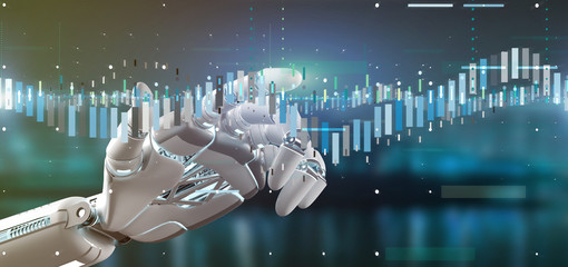 Poster - Cyborg hand holding a Business stock exchange trading data information 3d rendering