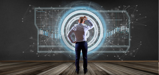 Poster - Man holding a technology Bitcoin icon on a circle 3d rendering