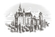 Neuschwanstein castle engraving style illustration. Vector. Layered. 