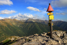 TANAP Signe On The Top Of Sivy Vrch And The View On Western Tatra Mountains (Salatin On The Left), Slovakia