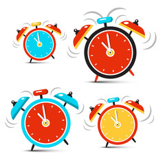 Sticker - Vector Clock - Time Symbol. Ringing Alarm Clocks Set Isolated on White Background.