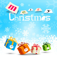 Sticker - Merry Christmas Design with Snowflakes on Blue Background and Gift Boxes