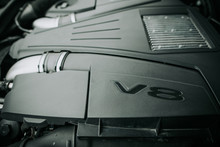 Emblem V8 On Black Contemporary Engine. Modern Digital Device For Car Concept