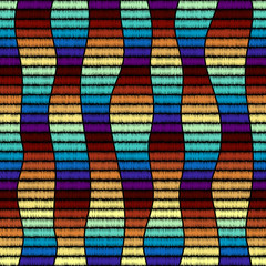 Poster - Imitation of geometric embroidery pattern. Colored lines on a black background. Ethnic and tribal motifs. Seamless vector background in the bohemian style.