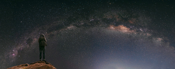 Wall Mural - night sky full of star and milky way, with traveller with backpack enjoying beautiful sky at night