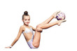 Little girl is engaged in rhythmic gymnastics with ball isolated on white.