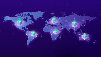 Fototapete - Computing services concept. Landing Pages Website Template Servers on the world map. Concept of big data processing, server room racks. Fast data transfer. Raster image