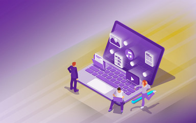 Fototapete - Professional hosting and data storage. Cloud data storage and remote data access flat 3d isometric business concept. Design template from landing page and advertising. Raster image