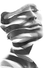 Paintography. Double Exposure portrait of an attractive man's face combined with hand drawn ink painting, black and white