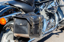 Leather Biker Bag On A Motorcycle Close-up. Concept Travel On A Motorcycle