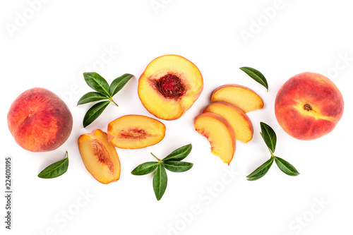 Fotomural ripe peaches with leaves isolated on white background with copy space for your text