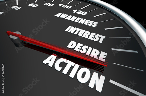 Fotomural Awareness Interest Desire Action Speedometer Words 3d Illustration
