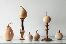 Thanksgiving Decoration. Minimal Autumn Inspired Room Decoration. Selection Of Various Pumpkins On White Shelf Against White Wall.