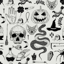 Vector Seamless Hand Drawn Vintage Halloween Pattern With Pumpkin, Skull, Snake, Witch, Grave, Bat. Creepy Decoration For Paper, Textile, Wrapping Decoration, Scrap-booking, T-shirt, Cards.