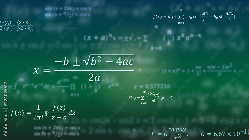 Mathematical formulas. Abstract green background with Math equations floating on blackboard. Pattern for cover, presentation, leaflets. Vector 3D illustration. - obrazy, fototapety, plakaty 