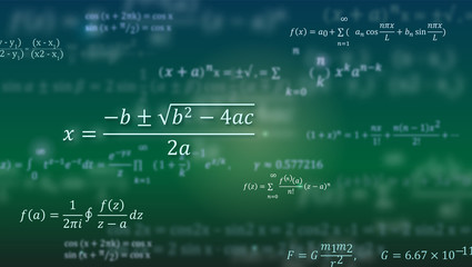 Mathematical formulas. Abstract green background with Math equations floating on blackboard. Pattern for cover, presentation, leaflets. Vector 3D illustration.