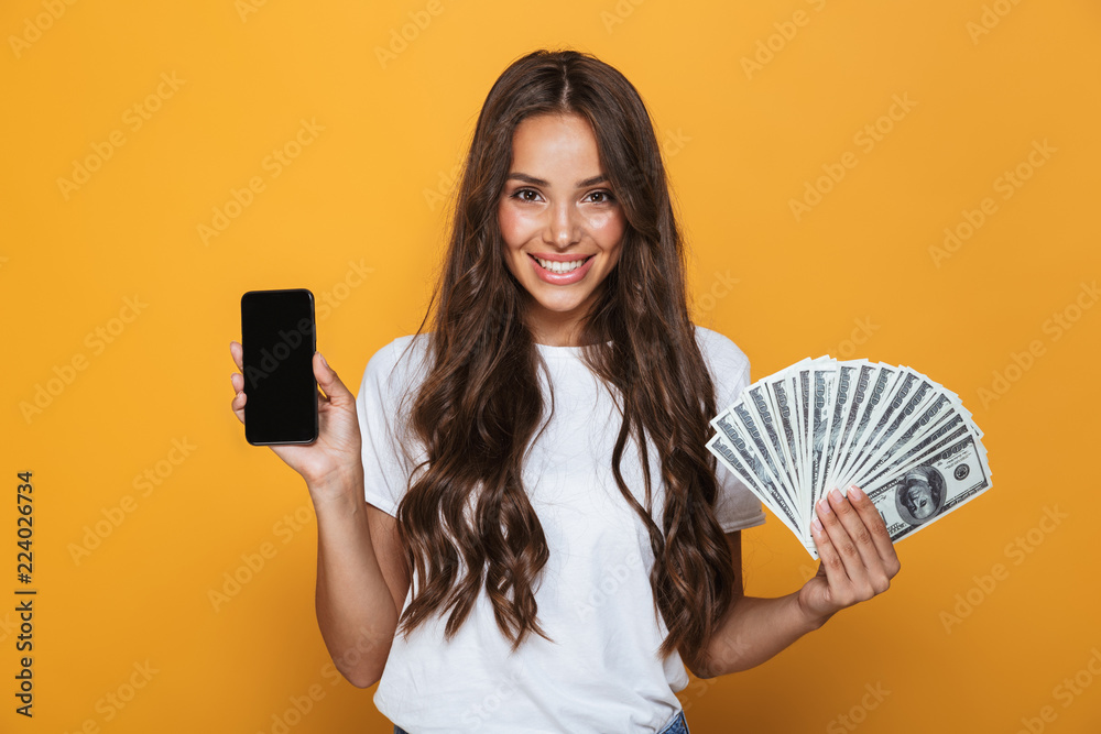 Portrait of a happy young girl with long brunette hair Stock Photo ...