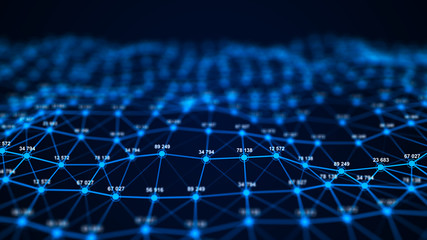 Fototapete - Big data visualization. Technology block chain concept. Futuristic infographic. 3D Rendering. Network connection.