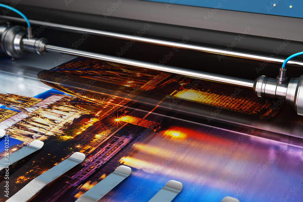 Printing photo banner on large format color plotter - obrazy, fototapety, plakaty 