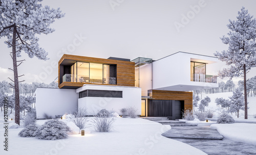 Fotografía 3d rendering of modern cozy house by the river with garage