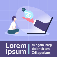 Poster - woman generated new idea human hand hold light lamp from laptop monitor screen online creative innovation startup project concept copy space flat vector illustration