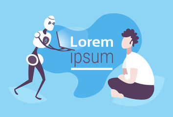 Poster - Modern robot showing man laptop screen robotic