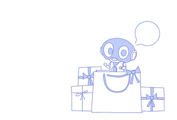 Poster - modern robot holding paper bags online shopping concept bot helper chat bubble artificial intelligence sketch doodle horizontal vector illustration