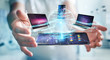© sdecoret - Modern devices connected in businessman hand 3D rendering