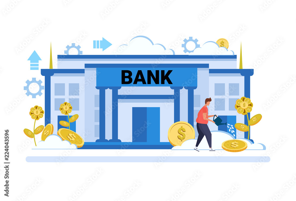 businessman watering dollar plant growth wealth investment concept bank building exterior background male cartoon character full length flat vector illustration - obrazy, fototapety, plakaty 