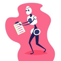 Poster - Modern robot hold checklist clipboard helper bot artificial intelligence technology concept paper form survey questionnaire full length flat vector illustration