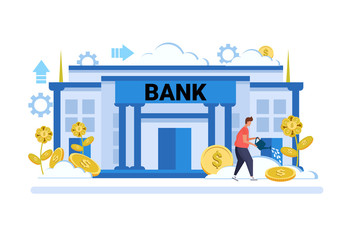 businessman watering dollar plant growth wealth investment concept bank building exterior background