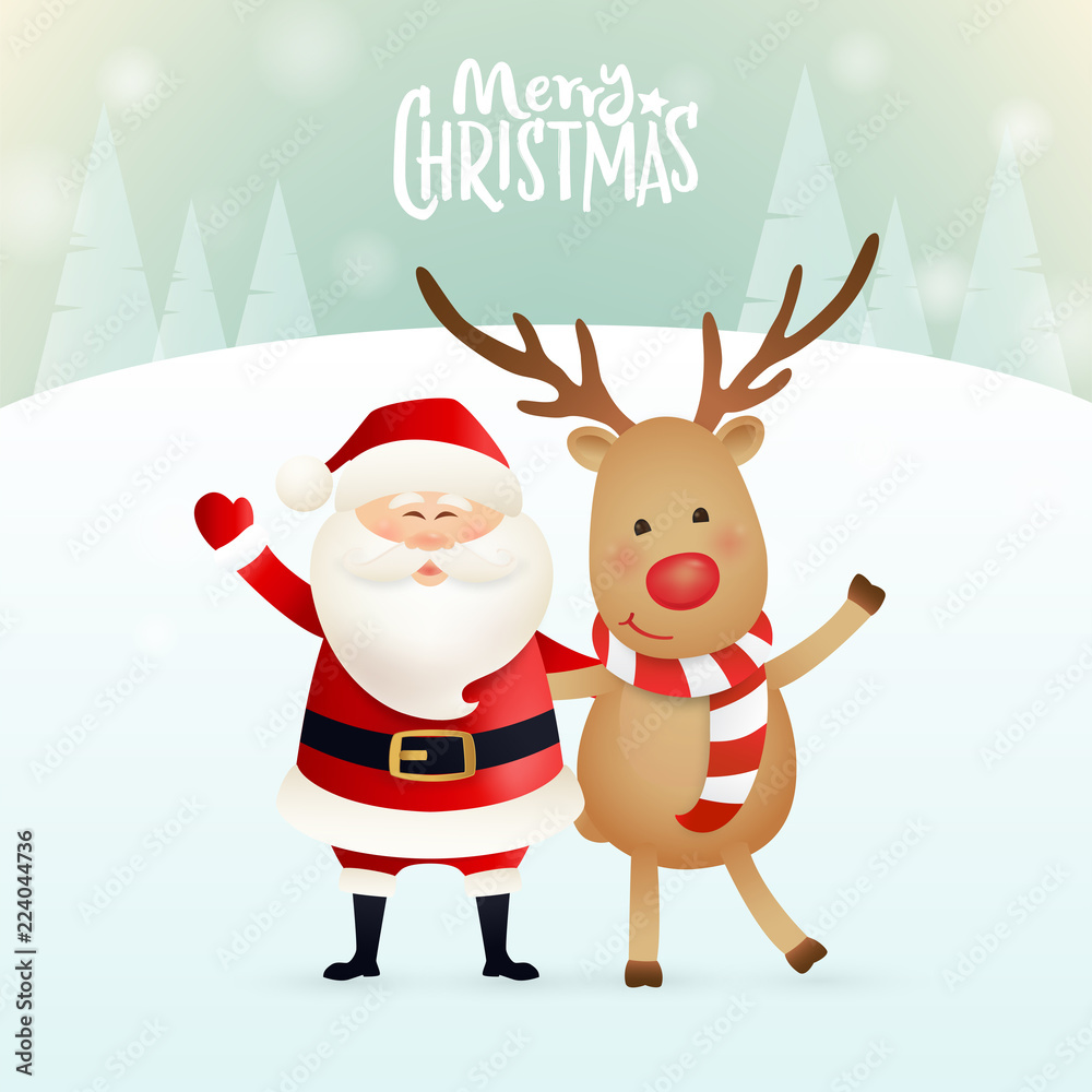 Merry Christmas greeting card design with cute Santa Claus and reindeer ...