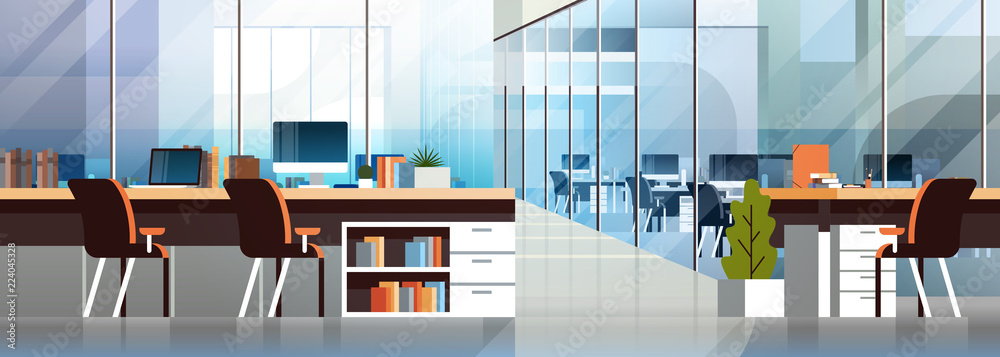 Coworking office interior modern center creative workplace environment horizontal banner empty workspace flat vector illustration - obrazy, fototapety, plakaty 