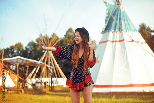 Young Girl Beautiful Tourist Take Photo Selfie Video