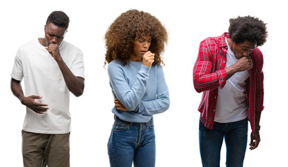 Canvas Print - Collage of african american group of people over isolated background feeling unwell and coughing as symptom for cold or bronchitis. Healthcare concept.