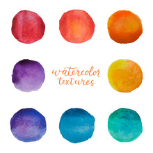 Colorful Watercolor Circles Set. Watercolour Stains On White Background. Rainbow Polka Dots Elements. Vector Illustration