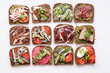 Assortment open faced sandwiches smorrebrod sandwiches top view
