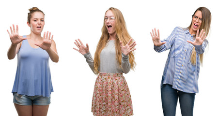 Poster - Collage of group of blonde women over isolated background afraid and terrified with fear expression stop gesture with hands, shouting in shock. Panic concept.