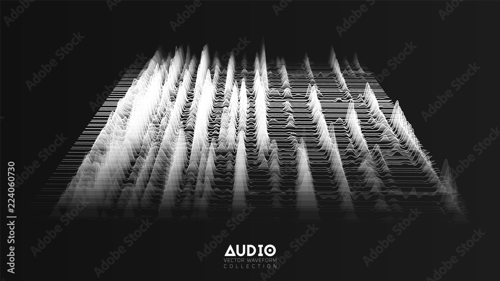 Vector 3d echo audio wavefrom spectrum. Abstract music waves oscillation graph. Futuristic sound wave visualization. Faded black and white glowing impulse pattern. Synthetic music technology sample. - obrazy, fototapety, plakaty 