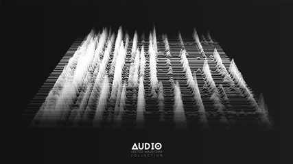 Poster - Vector 3d echo audio wavefrom spectrum. Abstract music waves oscillation graph. Futuristic sound wave visualization. Faded black and white glowing impulse pattern. Synthetic music technology sample.