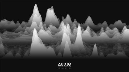 Poster - Vector 3d echo audio wavefrom spectrum. Abstract music waves oscillation graph. Futuristic sound wave visualization. Black and white glowing impulse pattern. Synthetic music technology sample.