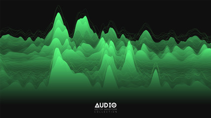 Poster - Vector 3d echo audio wavefrom spectrum. Abstract music waves oscillation graph. Futuristic sound wave visualization. Green glowing impulse pattern. Synthetic music technology sample.