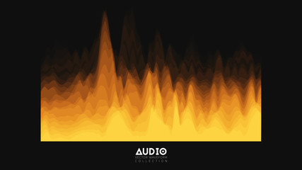 Poster - Vector 3d echo audio wavefrom spectrum. Abstract music waves oscillation graph. Futuristic sound wave visualization. Orange glowing impulse pattern. Synthetic music technology sample.