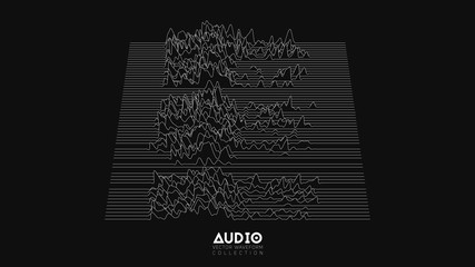 Poster - Vector 3d echo audio wavefrom spectrum. Abstract music waves oscillation graph. Futuristic sound wave visualization. Black and white line impulse pattern. Synthetic music technology sample.