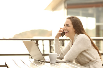 Poster - Hotel guest on vacation having a phone conversation