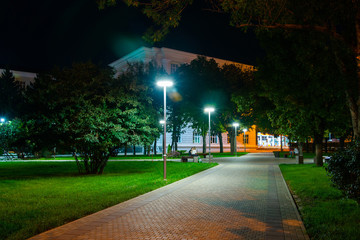 Path through park at night with city lights in background