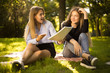 © Sunrise Team - Excited girl try to force her displeased confused friend sister to education students sitting in the park outdoors on grass holding copybook doing homework.