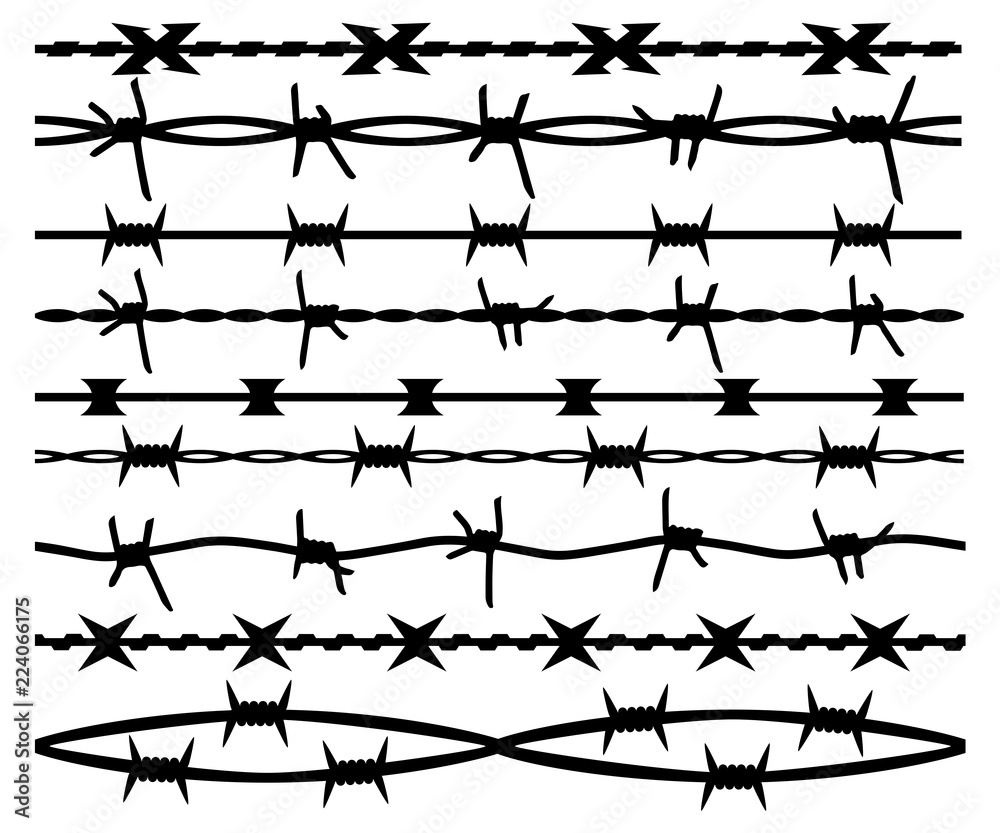 Barbed wire, set seamless brush, isolated silhouette. Barbwire vector background - obrazy, fototapety, plakaty 